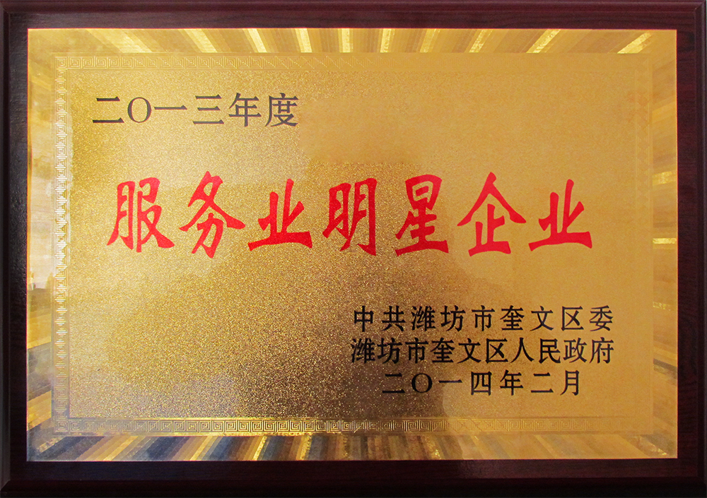 威龍公司榮獲2013年度“服務(wù)業(yè)明星企業(yè)”榮譽稱號